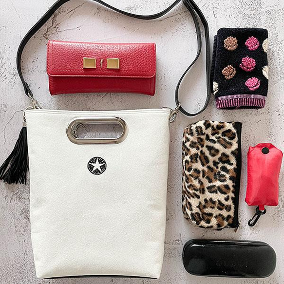 折り畳める☆斜めがけミニ2wayトート：オフホワイト×ブラック 6枚目の画像