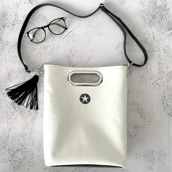 折り畳める☆斜めがけミニ2wayトート：オフホワイト×ブラック 4枚目の画像