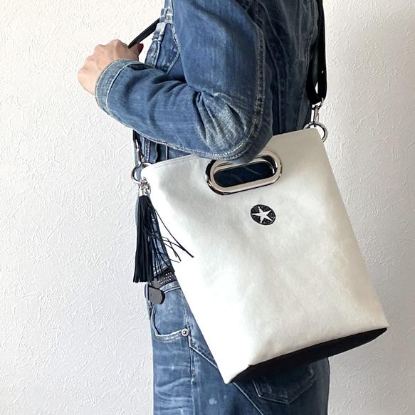 折り畳める☆斜めがけミニ2wayトート：オフホワイト×ブラック 1枚目の画像