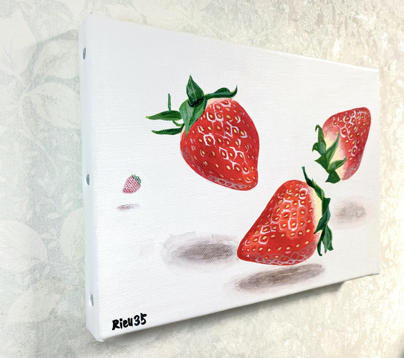 【原画 アルキド絵具 キャンバス】Ukabu Strawberries/SM/サムホール/いちご/具象画/フルーツ 2枚目の画像