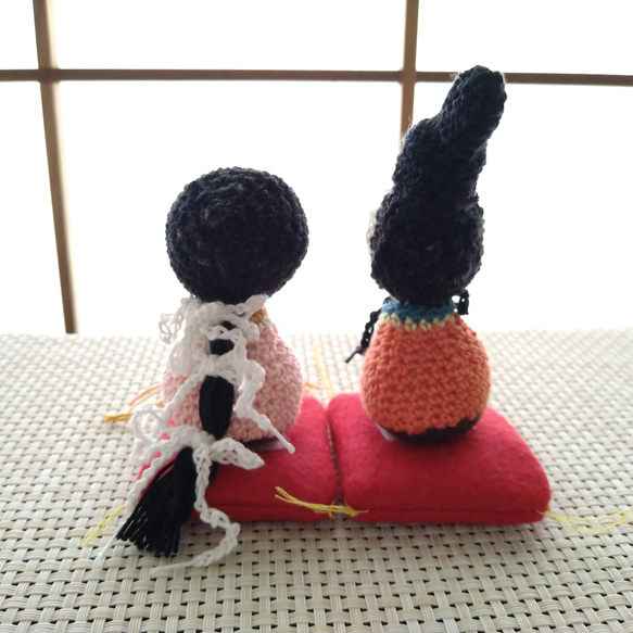 【送料無料】雛人形✿❀男雛・女雛❀✿おひなさま編みぐるみセット小　橙✕ピンク 4枚目の画像