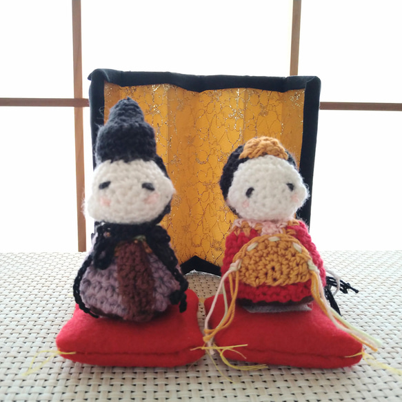 【送料無料】雛人形✿❀男雛・女雛❀✿おひなさま編みぐるみセット小　橙✕ピンク 8枚目の画像