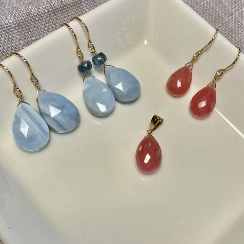 送料無料】14kgf 天然石 ブルーオパール ペアシェイプ シンプルピアス 