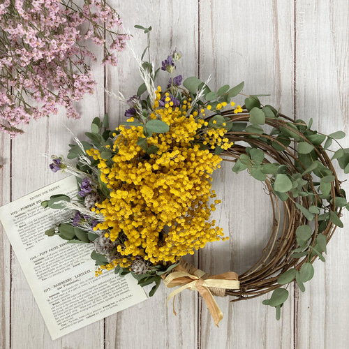 現品)ミモザのリース ユーカリ ドライフラワー | iichi 日々の暮らしを