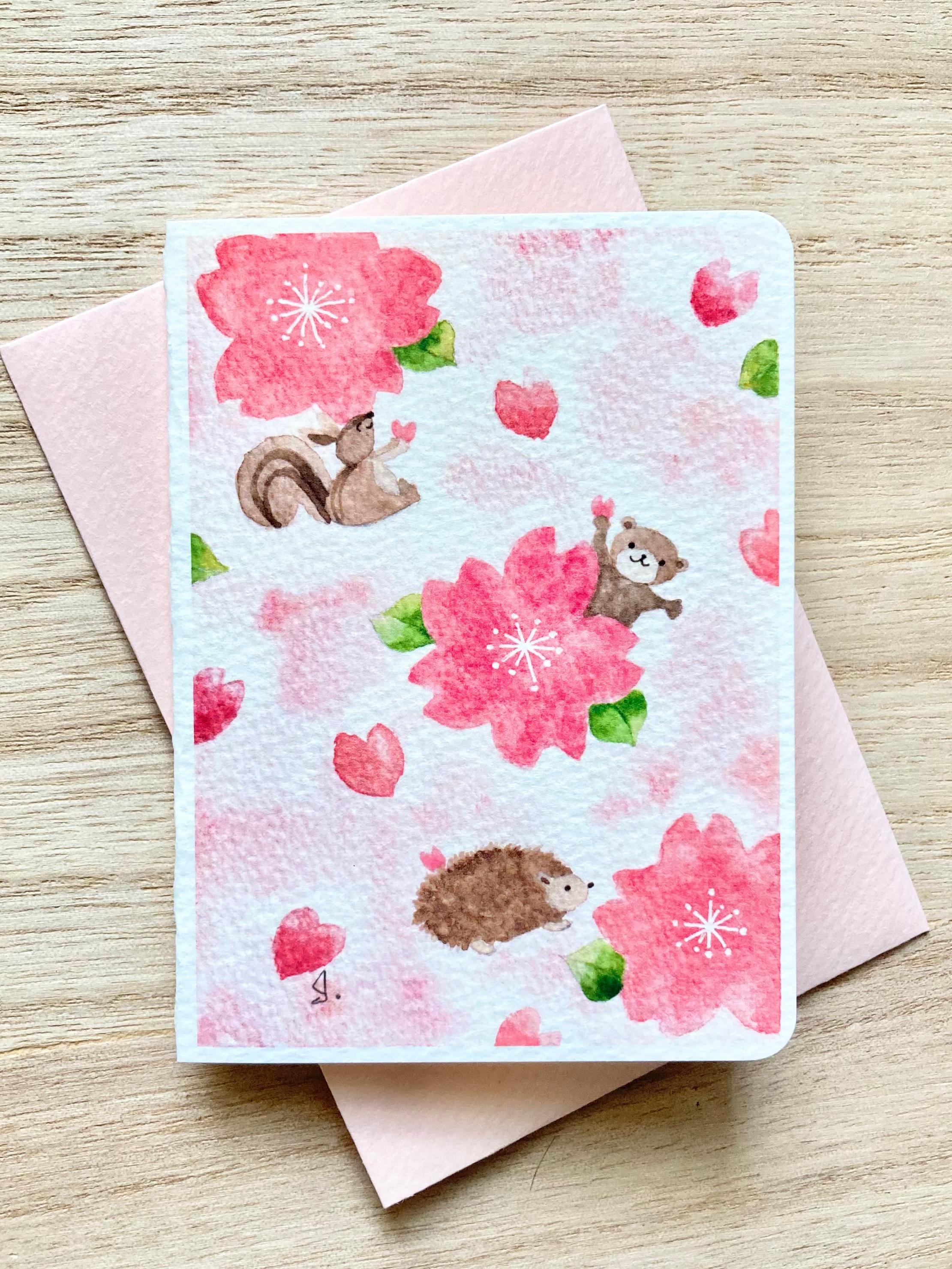 スーツ特別割引クーポン 透明水彩画「さくら遊び」2枚セット イラスト 桜 ミニカード 立体・オブジェ