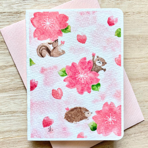 N1168ハッピーバレンタインと春桜　大サイズ　水彩画 N1168ハッピーバレンタインと春桜 大サイズ 水彩画 N1168ハッピー