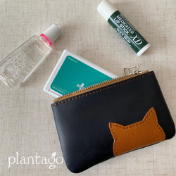 【本革】ねこワッペンのミニポーチ ♪ネイビー 1枚目の画像