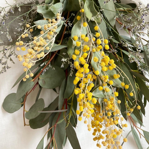 sold】ミモザとユーカリのドライフラワースワッグブーケ スワッグ sea