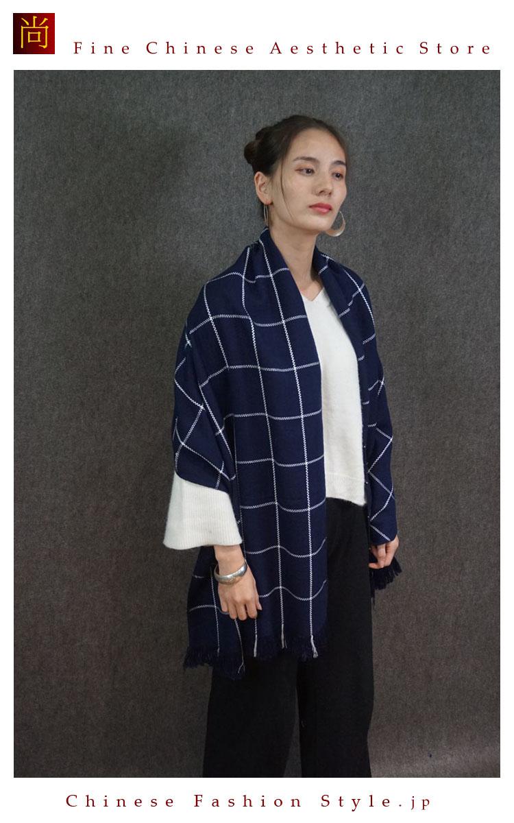 カシミアの手触り、手織りのストライプチェック柄スカーフ、フェアトレード商品　#108