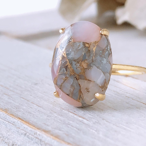 天然石コッパーピンクオパール silver925製ゴールドリング 14