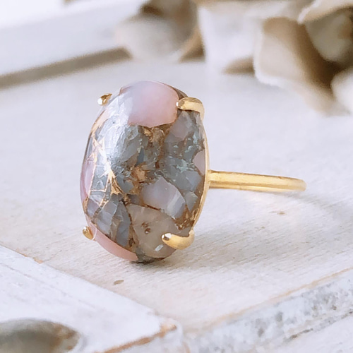 天然石ピンクオパールコッパー　１４Kgfピアス コッパーピンクオパール 金属アレルギー対応 フレンチフックピアス