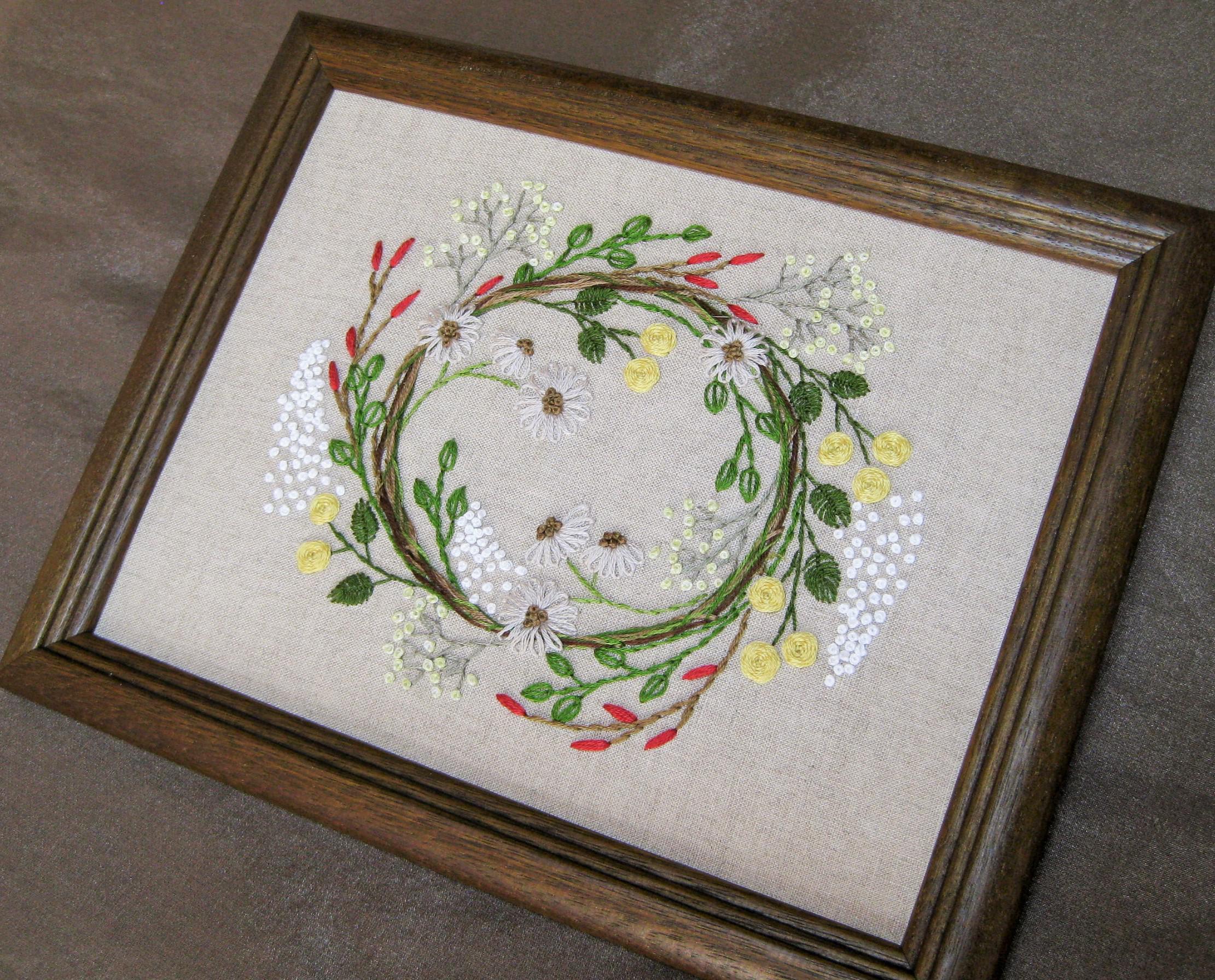 野の花リース　６　手刺繍