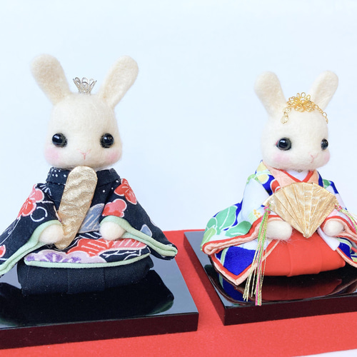 ほんわか華やか♪うさぎのお雛様 羊毛フェルト置物 羊毛フェルト