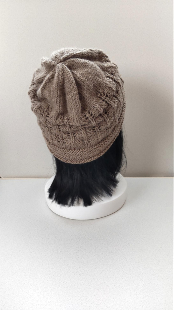 ウール100％　透かし模様　手編み帽子 4枚目の画像