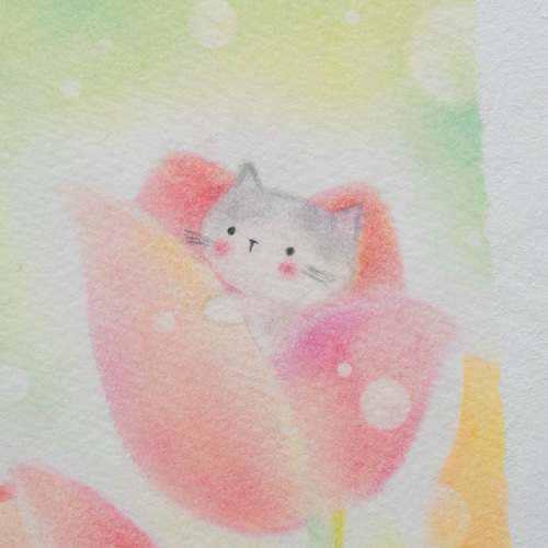 原画・フレーム付き】「チューリップと親指ネコ」 パステルアート 猫
