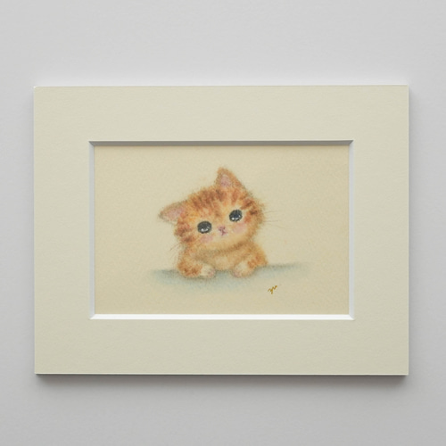 原画・マットフレーム付】「考える猫」 パステル・色鉛筆イラスト ネコ