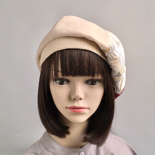 ゴブラン織りにレースが可愛い❤︎ライトベージュのベレー帽 ベレー帽