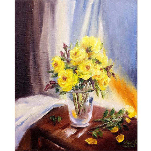 手描き。オリジナル作品。油絵。「窓際の黄色いバラ」 1枚目の画像
