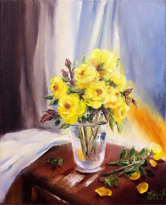 手描き。オリジナル作品。油絵。「窓際の黄色いバラ」 3枚目の画像