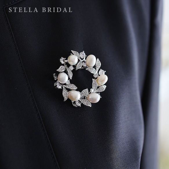 Stella Bridal＊ギフトや入学式などにも＊キュービックジルコニア オリーブ・リース ブローチ シルバー 4枚目の画像