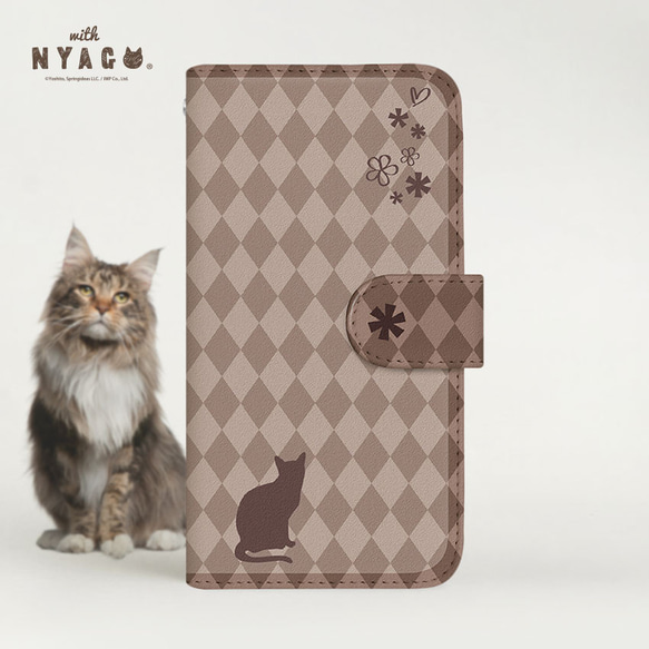 with NYAGO 猫 手帳型ケース 全機種対応 厚手タイプ［フレンチ フラワー キャット チョコレート］2A2459 1枚目の画像