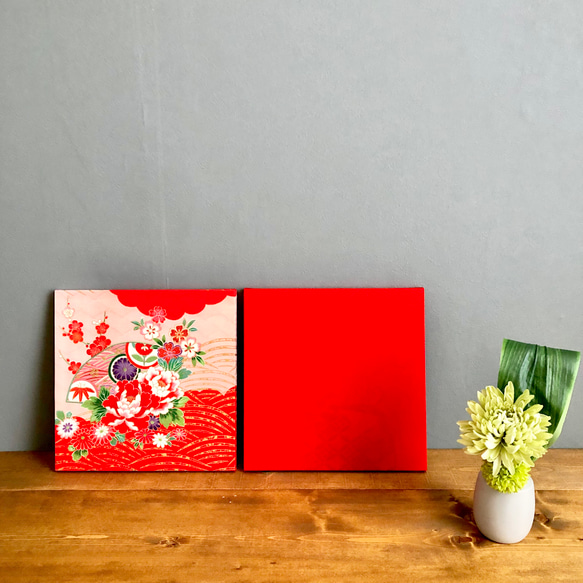 着物のファブリックパネル　ハレの日に　赤×ピンク（３枚セット）サスティナブル　着物リメイク　インテリア 2枚目の画像