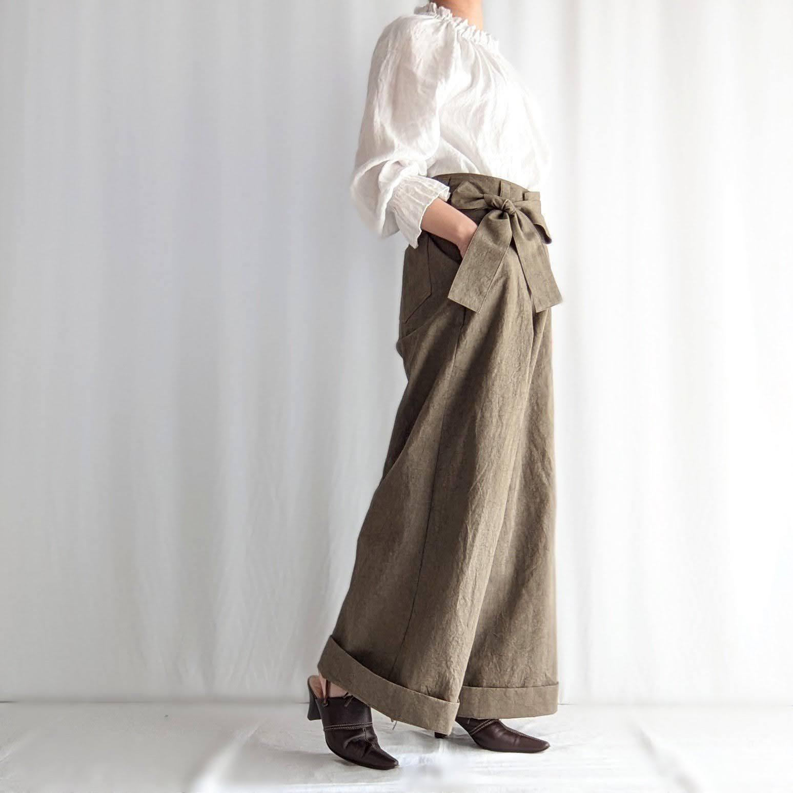 脚長・細見え！褒められ要素たっぷりのリボンワイドパンツ（カーキ）