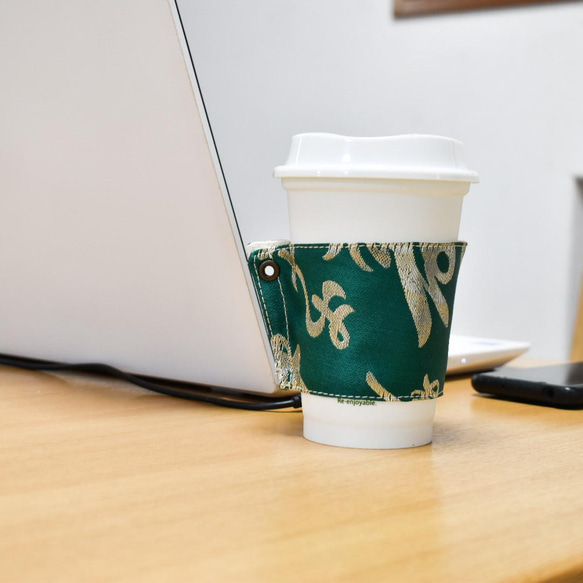 帯 カップスリーブ コーヒースリーブ リメイク 日本製 グリーン ホワイト - cup sleeve 6枚目の画像
