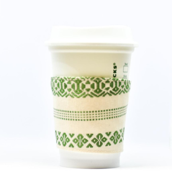 帯 カップスリーブ コーヒースリーブ リメイク 日本製 グリーン ホワイト - cup sleeve 2枚目の画像