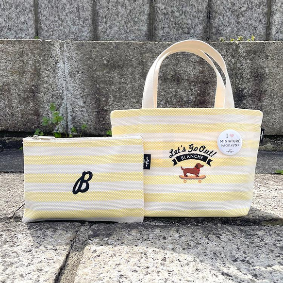 [可刻名字] 迷你臘腸犬 Takeyari 帆布迷你手提包和小袋套裝 第1張的照片