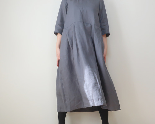 リネン襟つきギャザー切り替え比翼前開きロングワンピースアッシュグレー 55fff9e1470a4c6df7fef74c0351d8