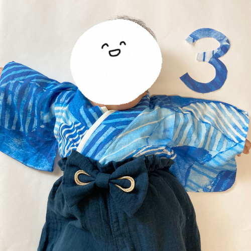 ⭐︎お客⭐︎ふんわりガーゼのベビー袴［まる柄×ネイビー］ちょこんと布かぶと ふんわりガーゼのベビー袴 [大きな波模様×ネイビー] お食い初め