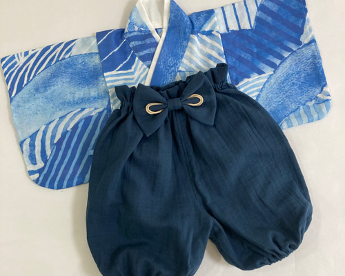 ⭐︎お客⭐︎ふんわりガーゼのベビー袴［まる柄×ネイビー］ちょこんと布かぶと ふんわりガーゼのベビー袴 [大きな波模様×ネイビー] お食い初め