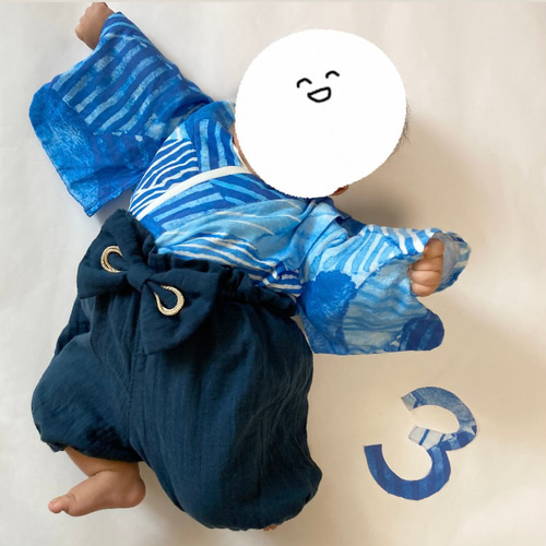 ⭐︎お客⭐︎ふんわりガーゼのベビー袴［まる柄×ネイビー］ちょこんと布かぶと ふんわりガーゼのベビー袴 [大きな波模様×ネイビー] お食い初め