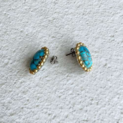 天然石×ボールチェーンピアス（ブルーコッパーターコイズ