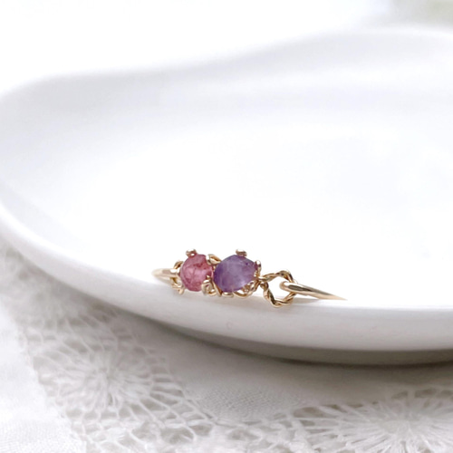 14kgf］Sweet antique - ピンクトルマリンとアメジストの立爪ふう