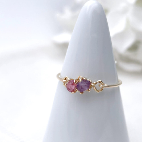 14kgf］Sweet antique - ピンクトルマリンとアメジストの立爪ふう