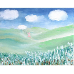 手描き。オリジナル作品。油絵。「雲を追ううさぎ」 1枚目の画像