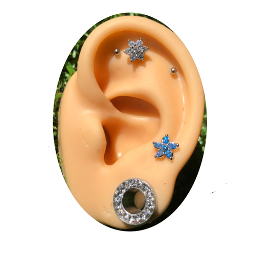 00G 0G ボディピアス 1個 ダブルフレア ラインストーン付 耳たぶ