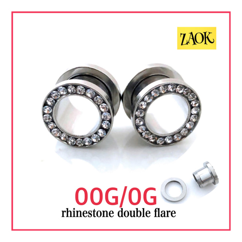 00G 0G ボディピアス 1個 ダブルフレア ラインストーン付 耳たぶ