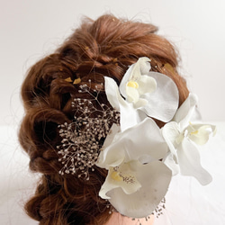 胡蝶蘭（コチョウラン）とかすみ草（プラチナ）のヘッドドレス　ブライダル(結婚式)・和装・前撮り・卒業式  N14 1枚目の画像