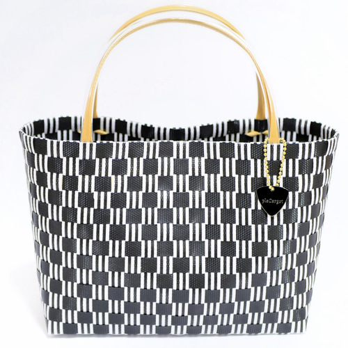 【未使用扱】WOVEN ストライプ かごバッグ 2WAYプラカゴバッグM 黒ストライプ×ベージュハンドル プラカゴ
