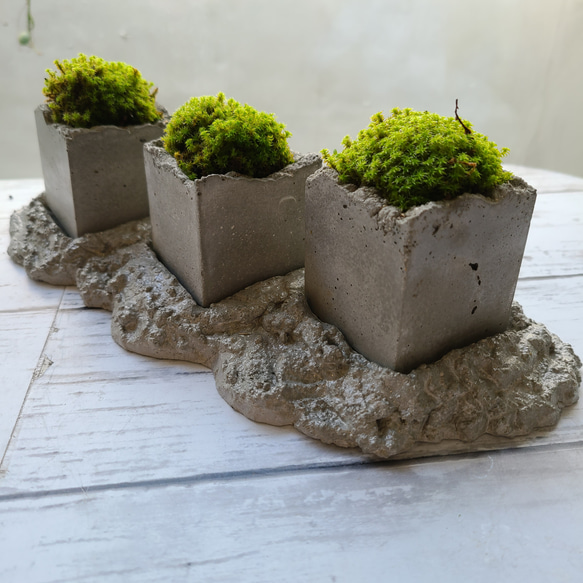 FP-1474 崩れ 角鉢 3つセットハンドメイド モルタル コンクリート鉢
