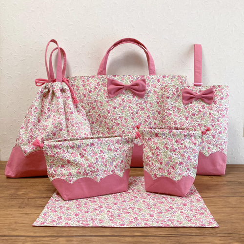 ぐり　花柄　ピンク色　白色　入園入学準備　6点セット　2セットハンドメイド 6点セット 選べる4色 まとめてお得 入園入学 かわいい 花柄