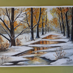 水彩アート「初雪」1点物、手描き、真筆 油彩画 塗師祥一郎 「雪化粧の里」 F8号 額入り 油絵 真筆