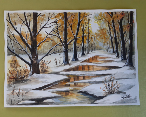 水彩アート「初雪」1点物、手描き、真筆 水彩アート「花満開」1点物、手描き、真筆。 水彩アート「花満開