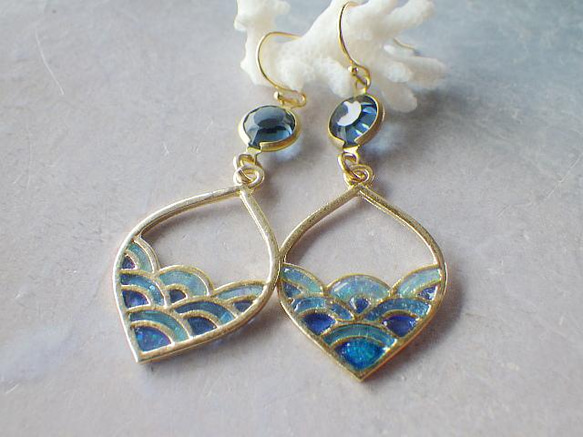 Ocean Wave Earrings 彩色玻璃風格大波浪耳環/耳環 第9張的照片