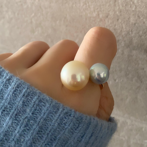 K18WG♡白蝶真珠×アコヤ真珠リング 白蝶ケシ真珠プラチナリング |