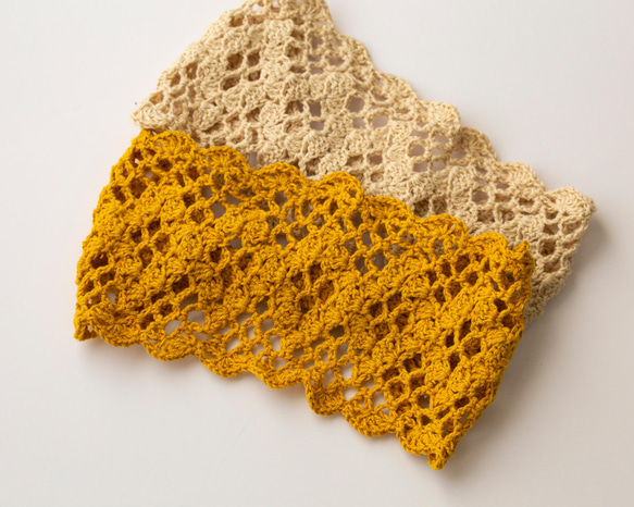幅広ゆったり優しく包む、透かし編みのカチューム（ヘアバンド）。ゴムで長さ調整可能です。ミモザ・きなり・若葉色 3枚目の画像