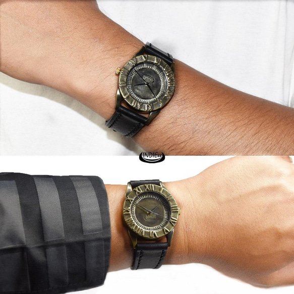 INDIEee 日本製 アンティーク 腕時計 真鍮 ハンドメイド 手作り セイコー SEIKO メンズ 本革 ローマ数字 3枚目の画像